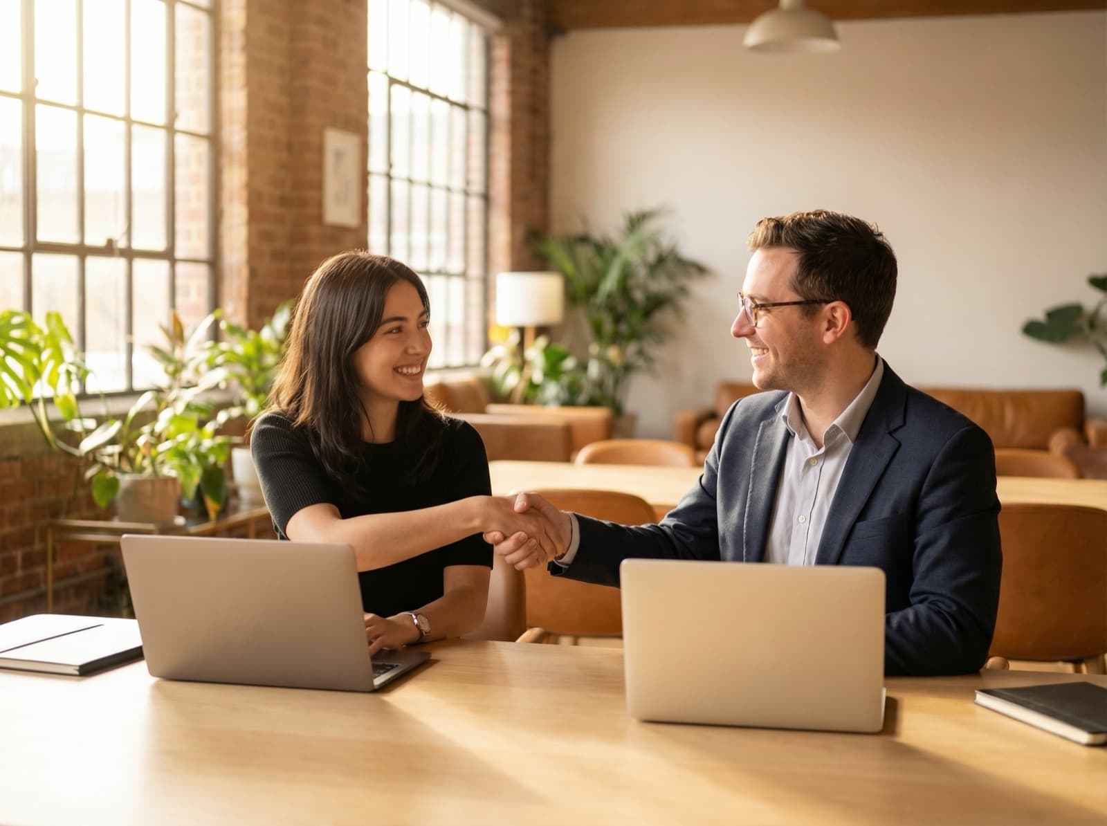 Two founders shaking hands after closing a deal