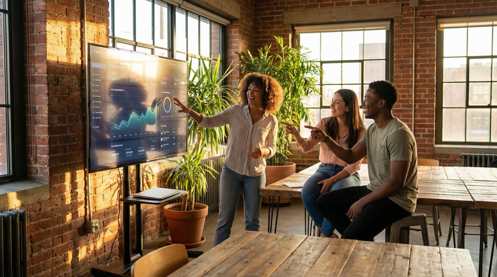 Team of entrepreneurs collaborating around a SaaS dashboard